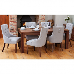 Shiro Solid Walnut Large Extending Dining Table and Six Luxury Grey Chairs